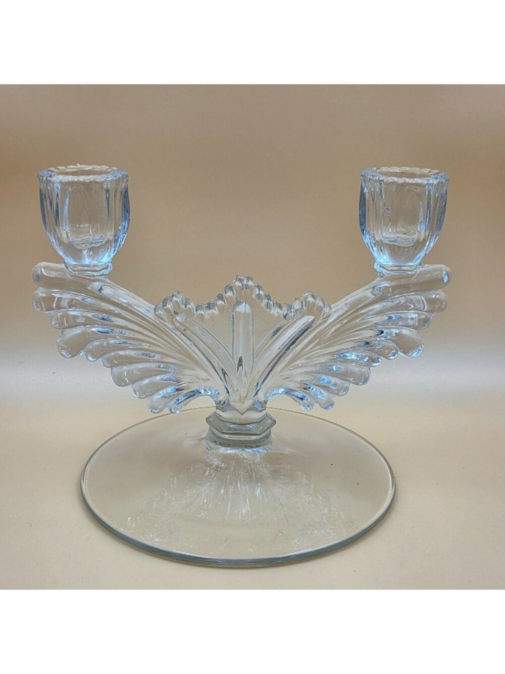 Tiffin Franciscan Wing Design Clear Glass Double Light Candlestick